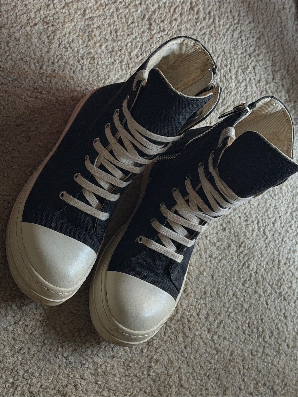 Rick Owens Black High-Top Sneakers with White Toe Caps